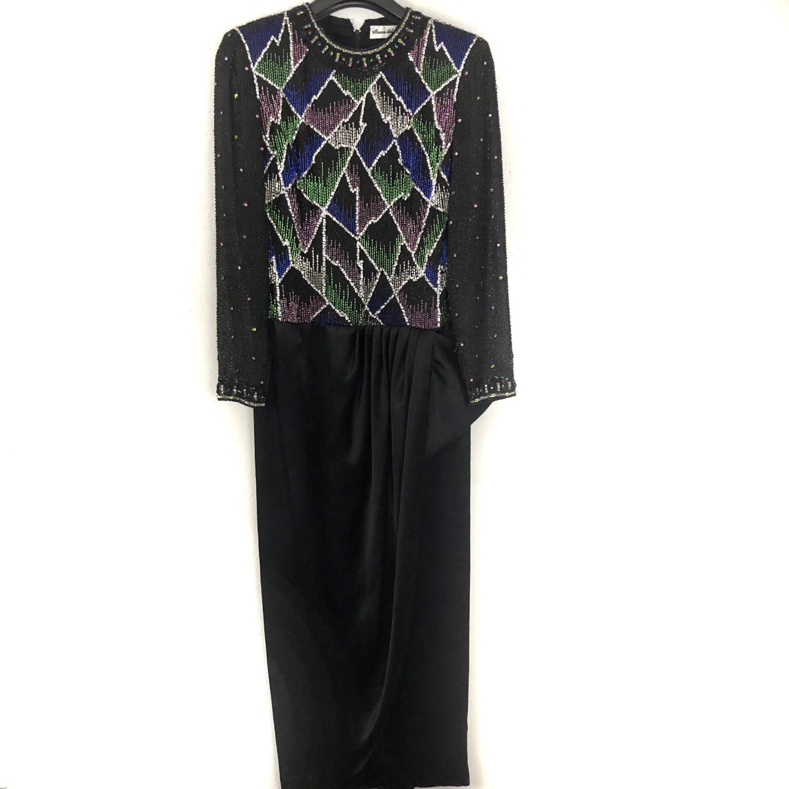 VTG 80s Amen Wardy Beaded Evening Gown Dress Sz M Black Sequin Dynasty Glamour