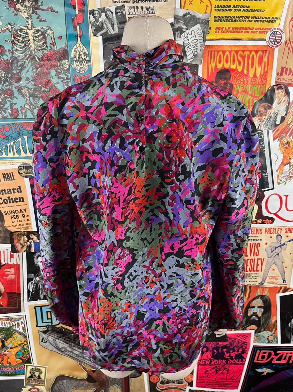 Vtg 90s Pink Multi-Color Abstract Print Long Sleeve Collared Blouse Top Medium
