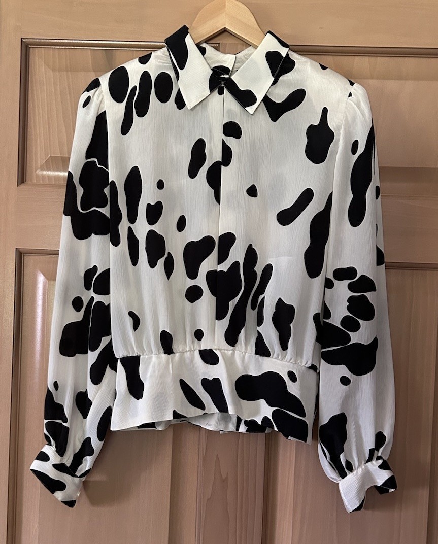 VTG Nilani Cow Print Blouse – 80s/90s Cinched Waist Long Sleeve Shirt Size 7/8
