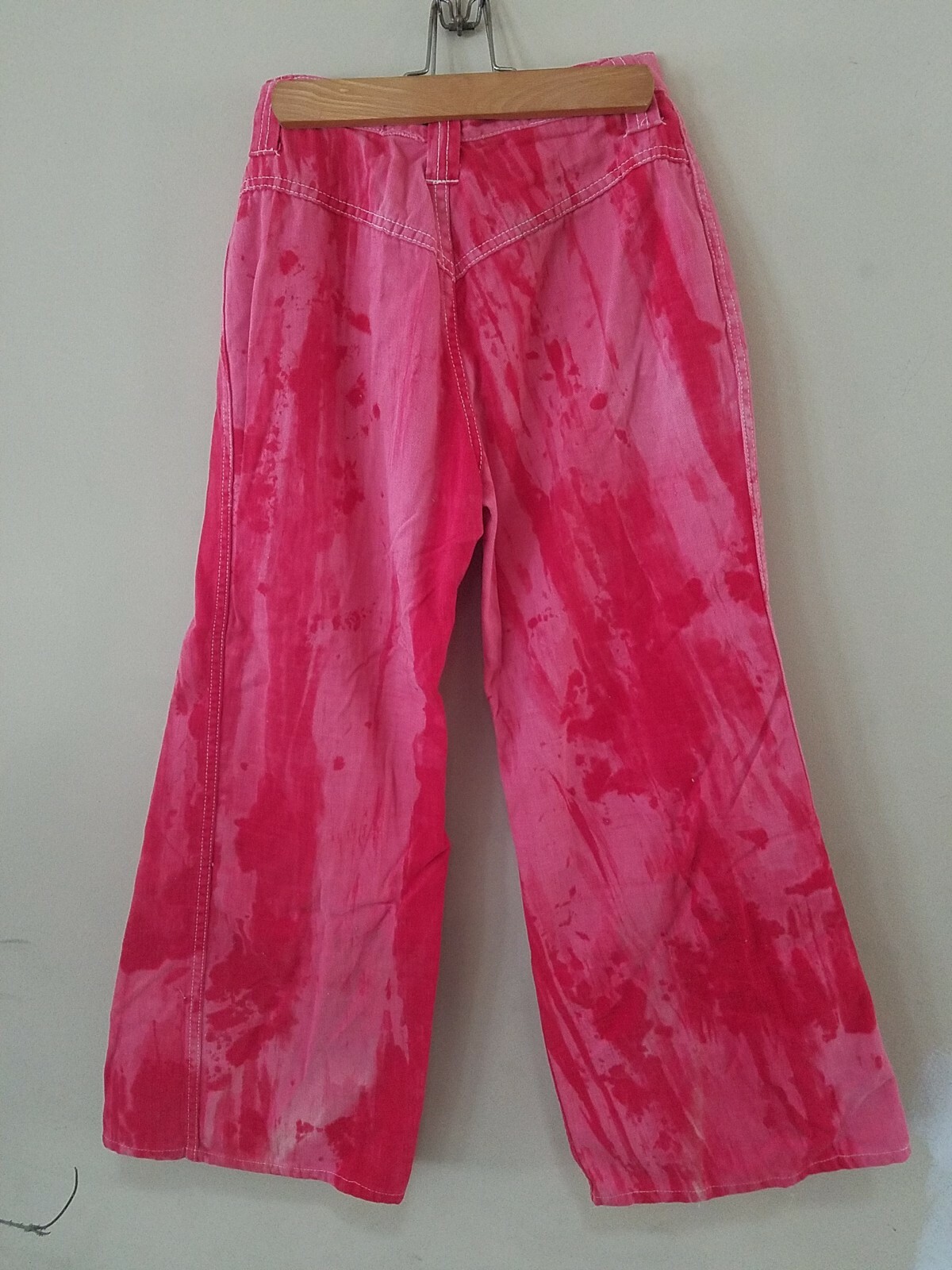 Vintage 70s Red Tie Die Wide Leg Jeans w/embroidery, Youth/Teen size 28″ x 26″