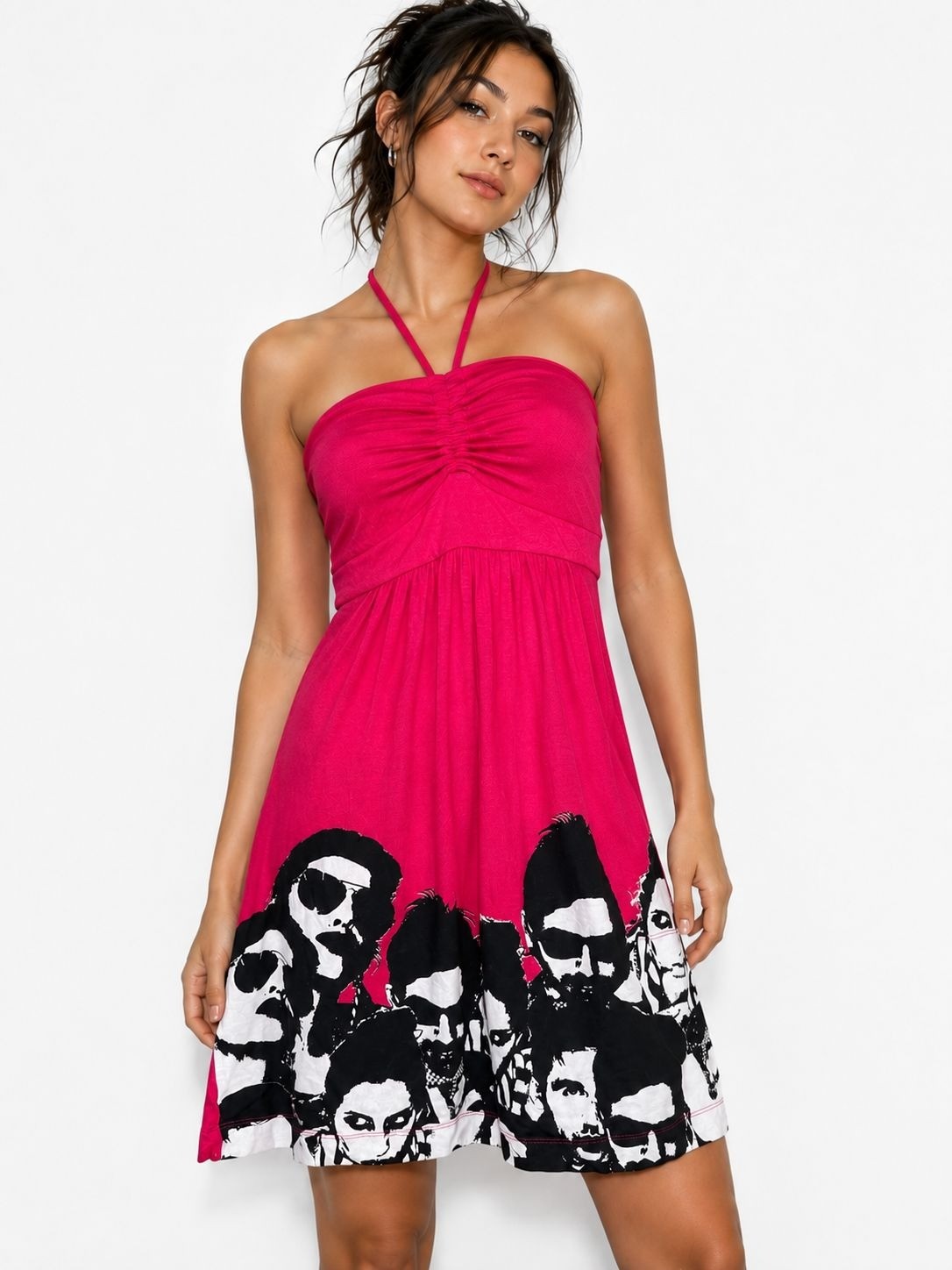 Rare Miss Sixty Vintage Pink Graphic Print Halter Dress Y2K Rock 'n’ Roll Small