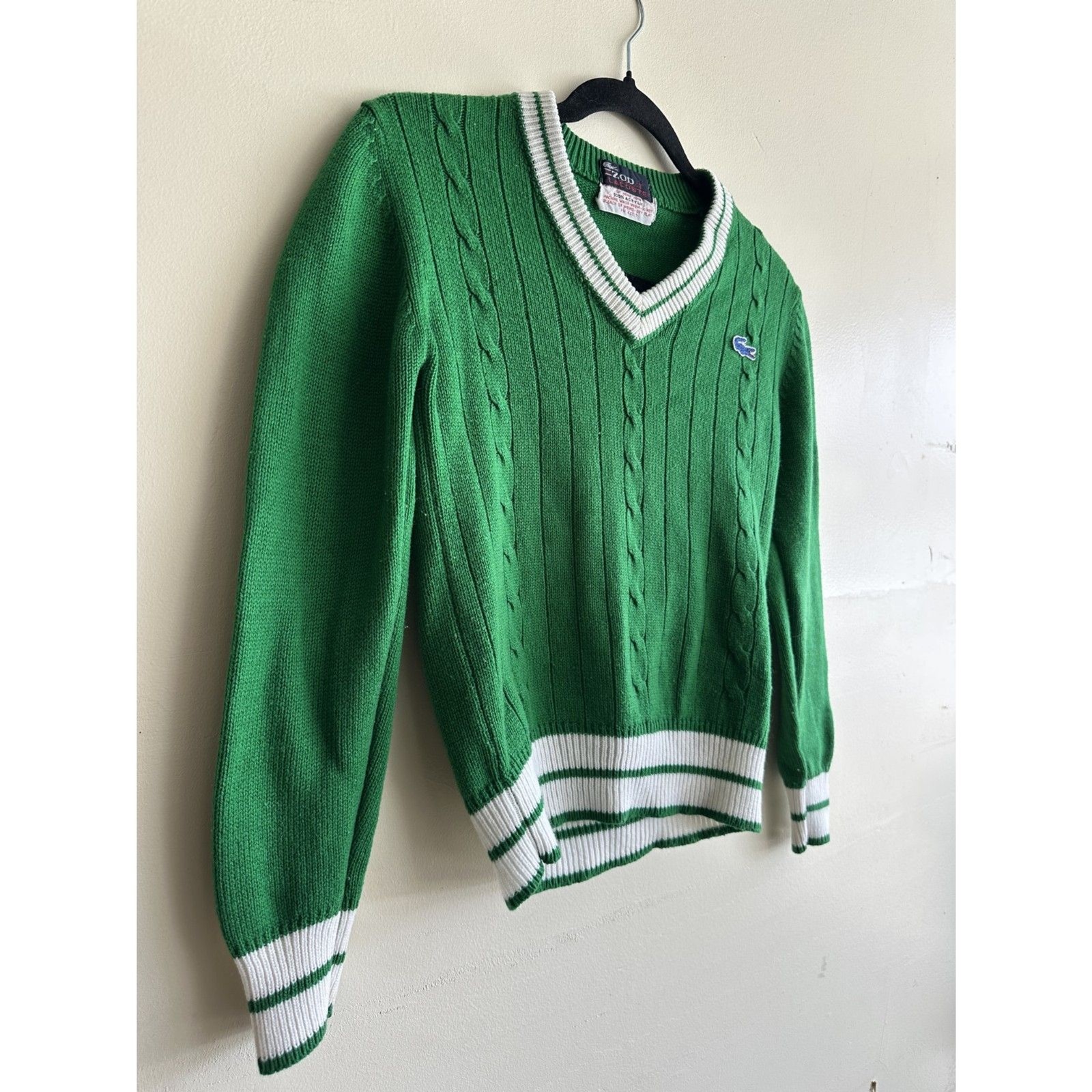 Vintage 80’s Izod Lacoste Sweater Small Fitted Green Cable Knit Preppy V Neck