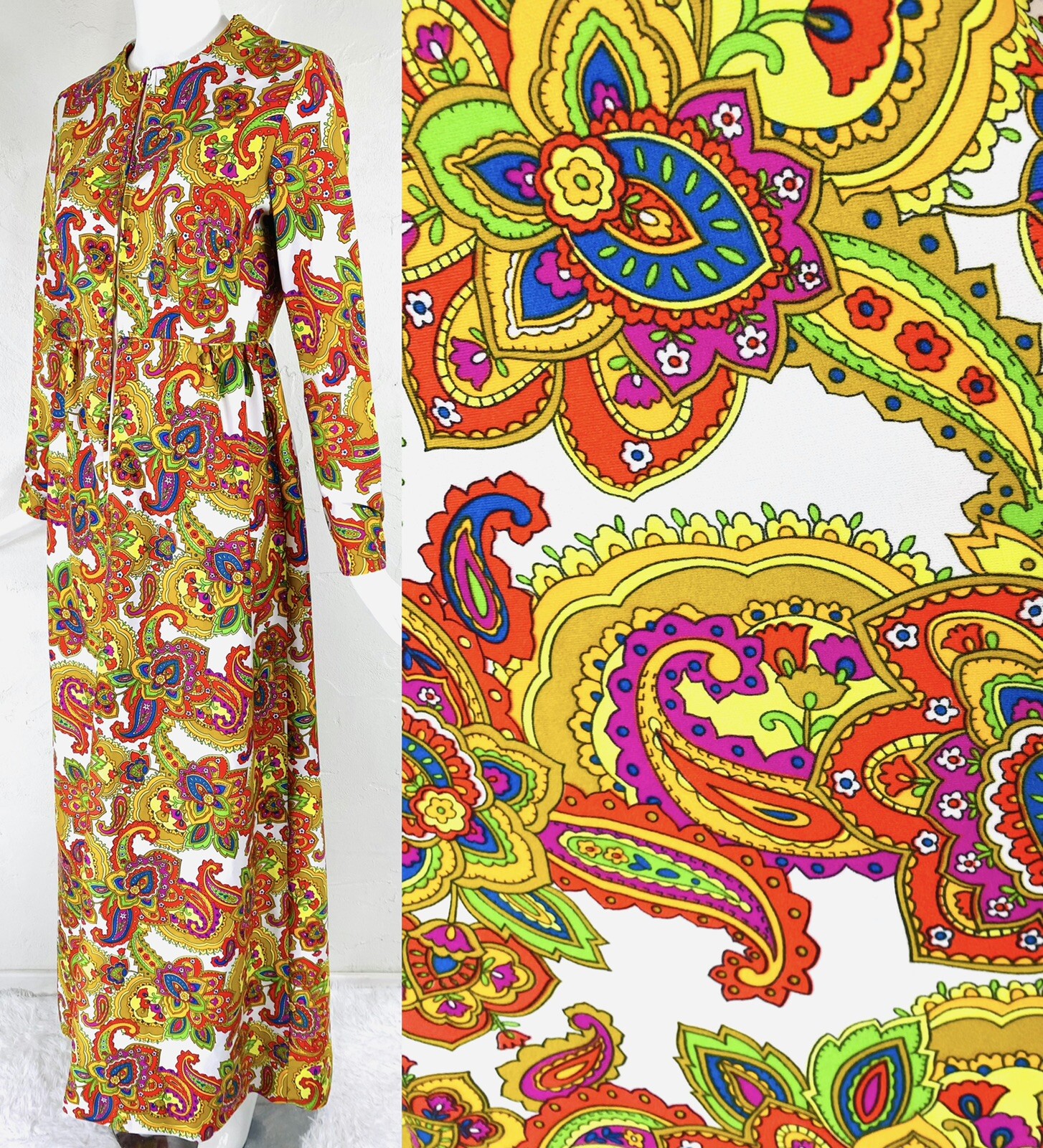 Vintage CONCEPT 70’s SWIRL Mod Psychedelic Floral Paisley Hippie Maxi Dress, S
