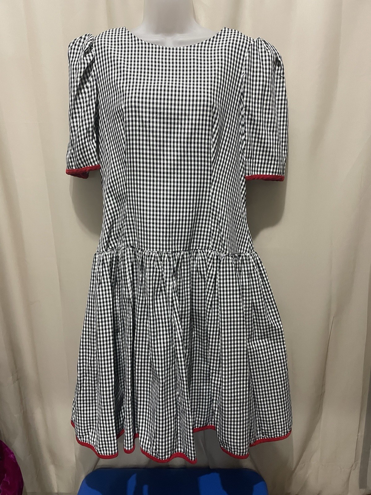 Vintage Misty Lane Gingham Black White Red Party Dress 13/14 Bows In Back