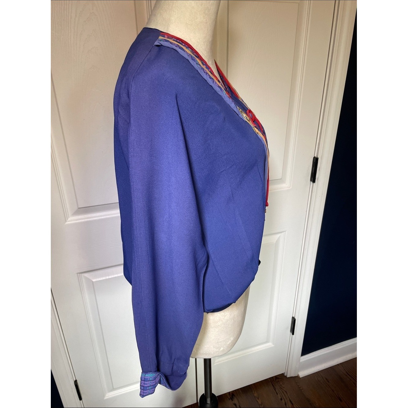 Vintage Carole Little Navy Blue V-Neck Blouse with Multicolor Tassel Trim Sz M