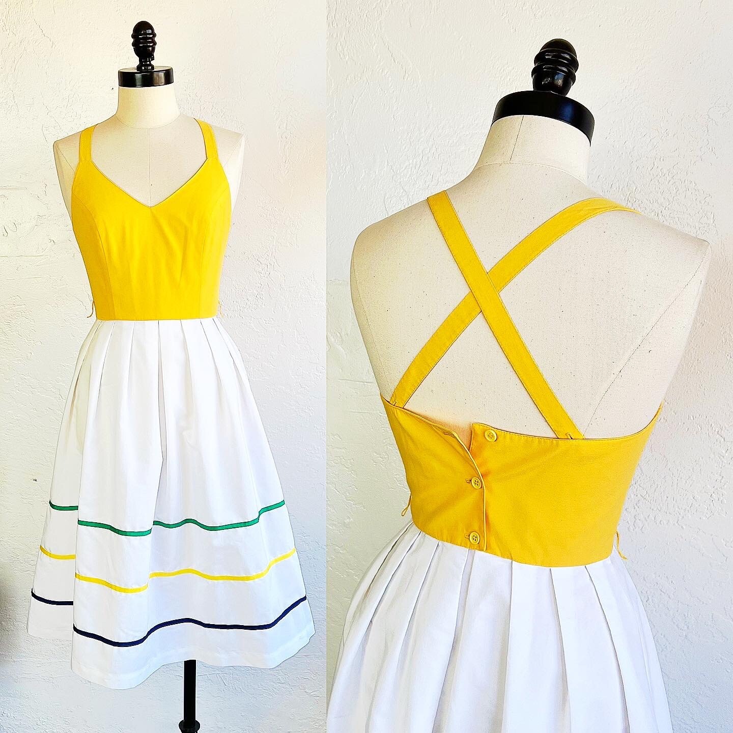 CROSS BACK HALTER Neck 70s 70’s Yellow Vintage Grosgrain Ribbon Sundress Dress S