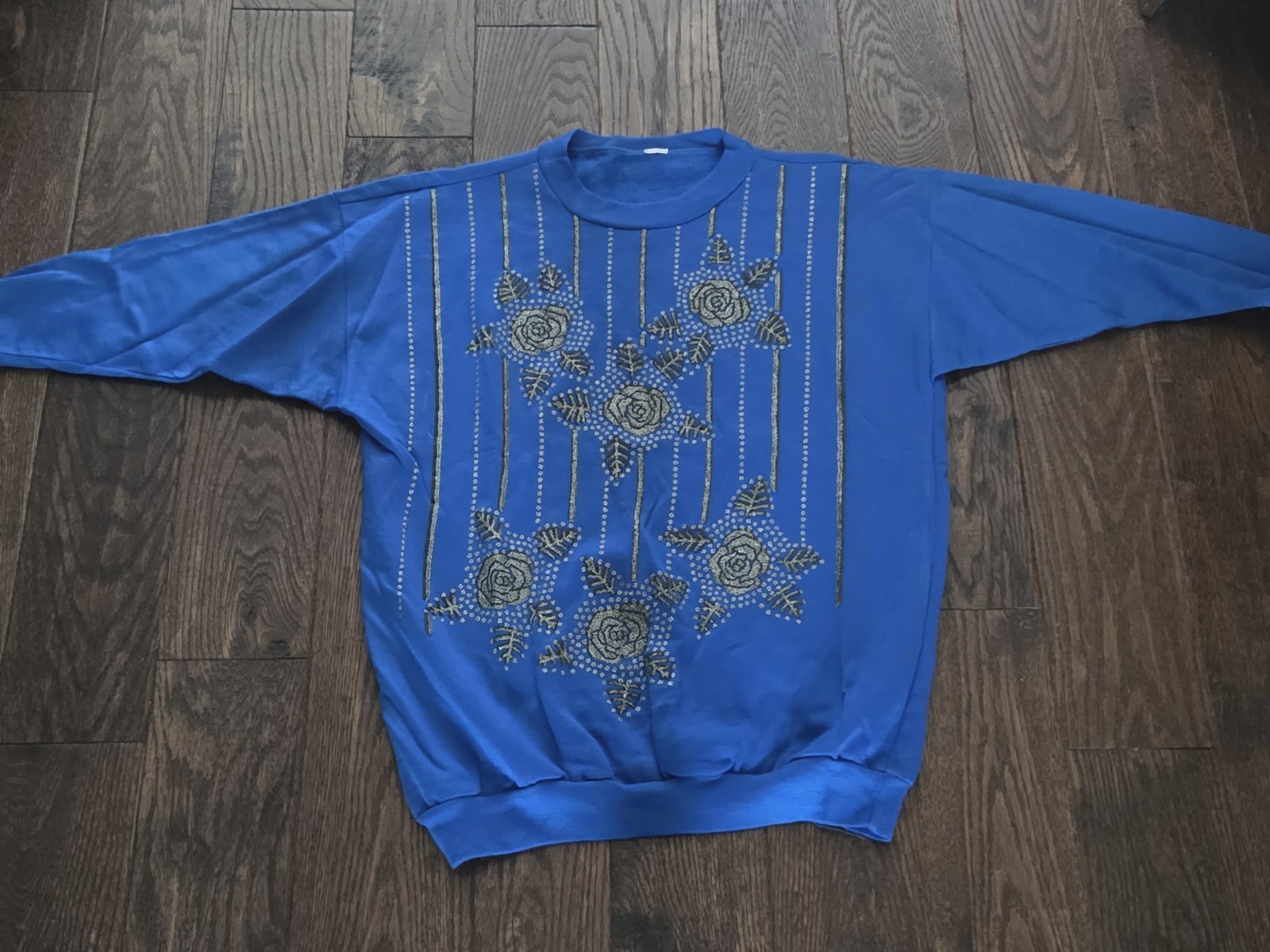 Vintage 80s Blue Glitter Rose Sweatshirt Oversized Batwing Dolman Sleeve Floral