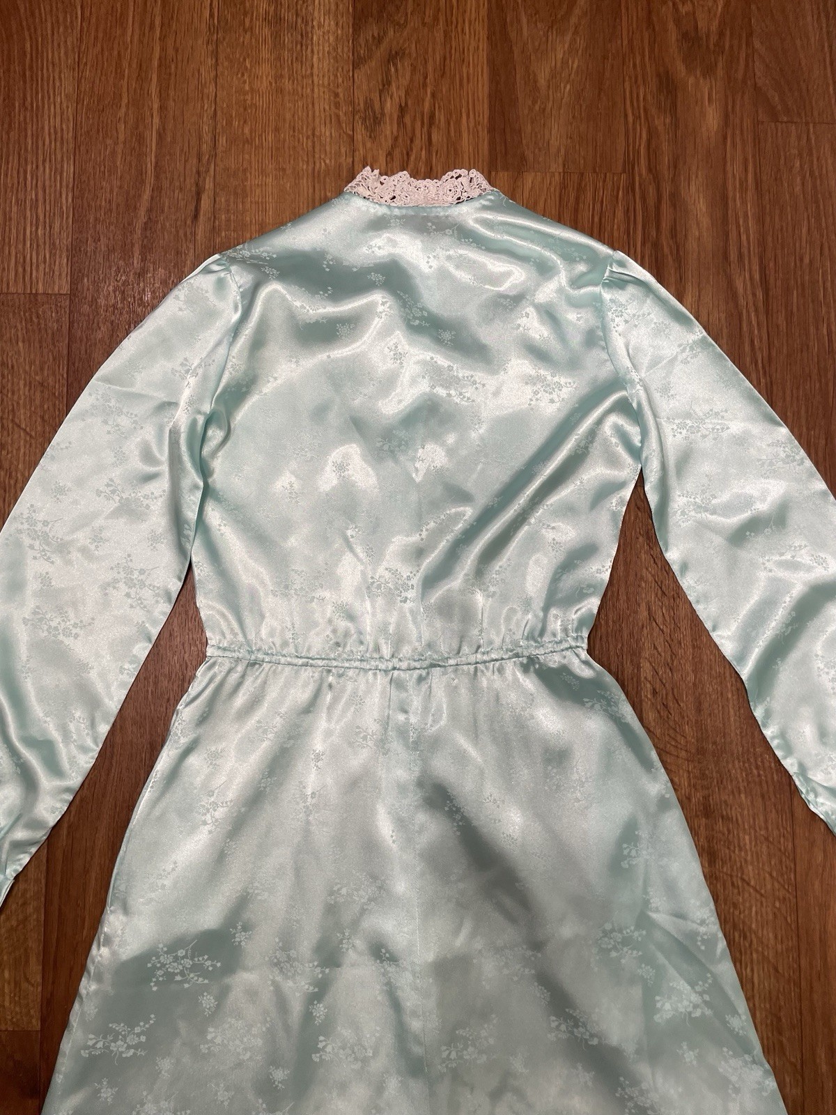 Vintage 60s Blue Satin Prom Maxi Dress Small Floral Modest Cottagecore Coquette