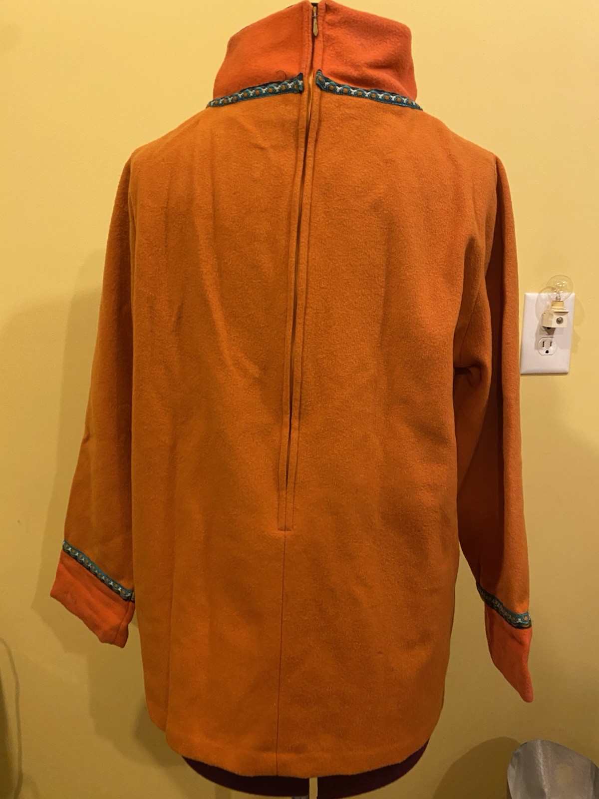 Vintage 100% Wool Orange Nordic Jacket Costume Folk tunic back zipper scandi