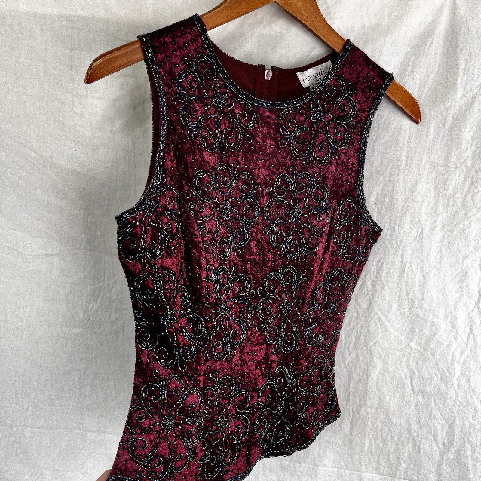 Vintage Paradise NY Beaded Velvet Floral Sleeveless Top Maroon Zip Size Small S