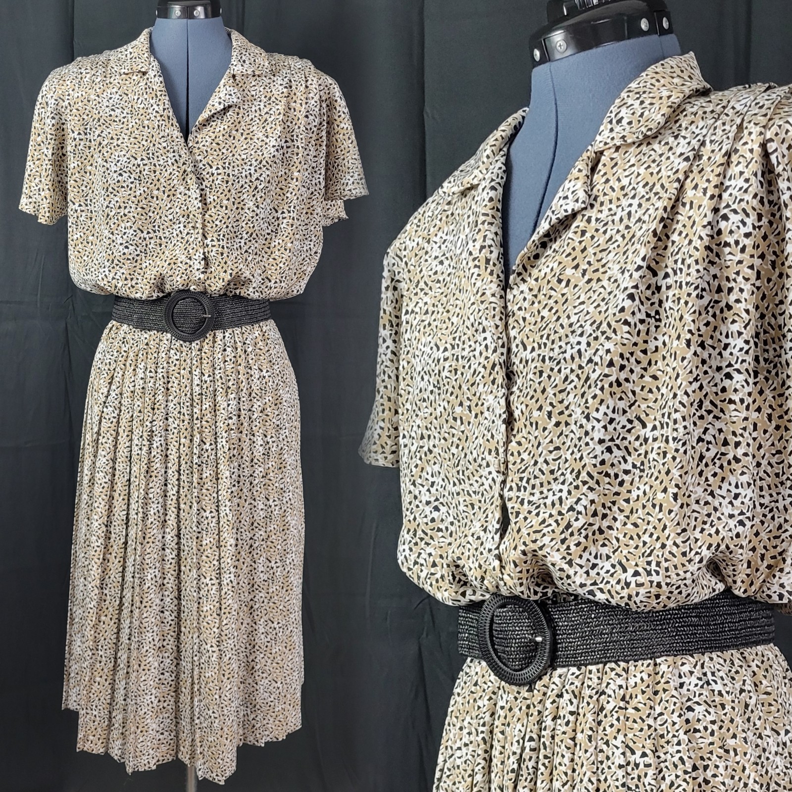 Vtg Alexis Brown/Black/White Animal Print Dress w Pleated Skirt Size 13/14