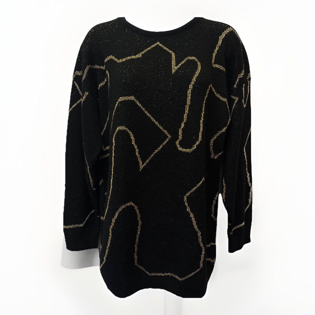 VTG 80s Kate Collins Black and Metallic Gold Knit Pullover Sweater M 46″ Bust
