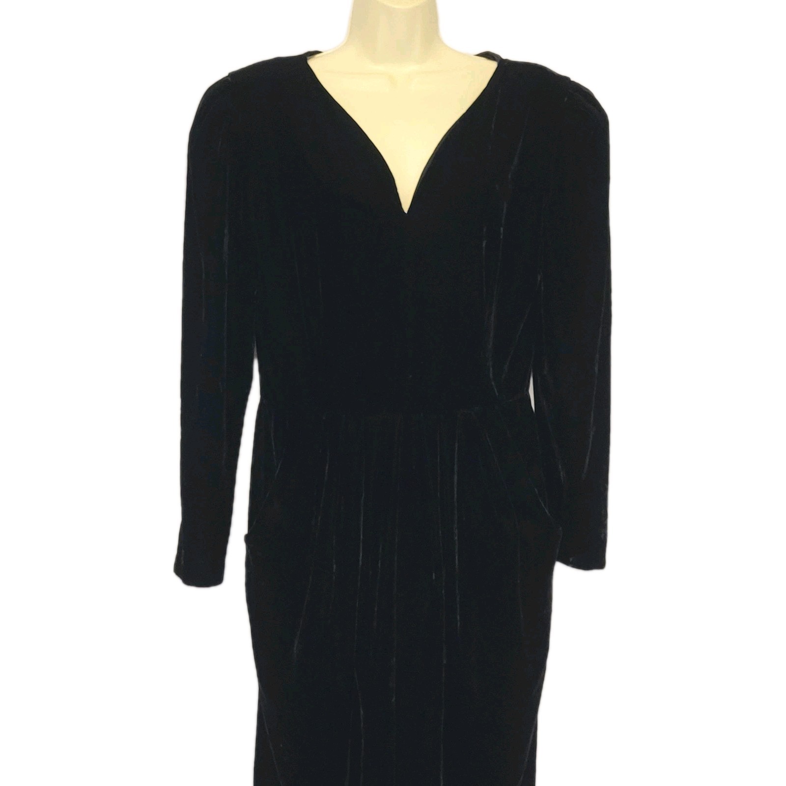 VTG Maggie London Black Velvet V Neck Dress Padded Shoulders Holiday Glam Sz 14