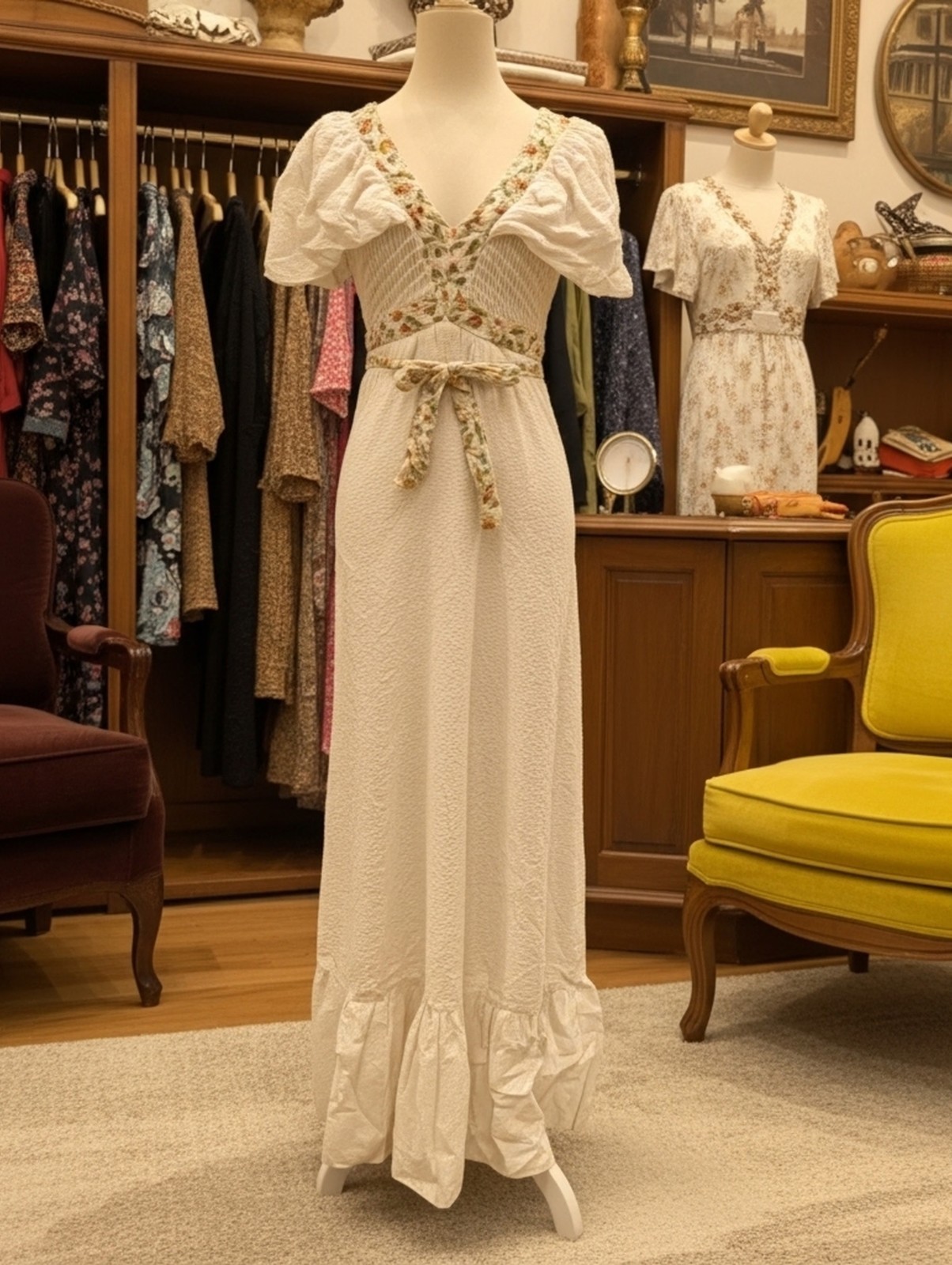 Terri Juniors California Vintage 70s Ivory Floral Maxi Prairie Boho Dress Size 9