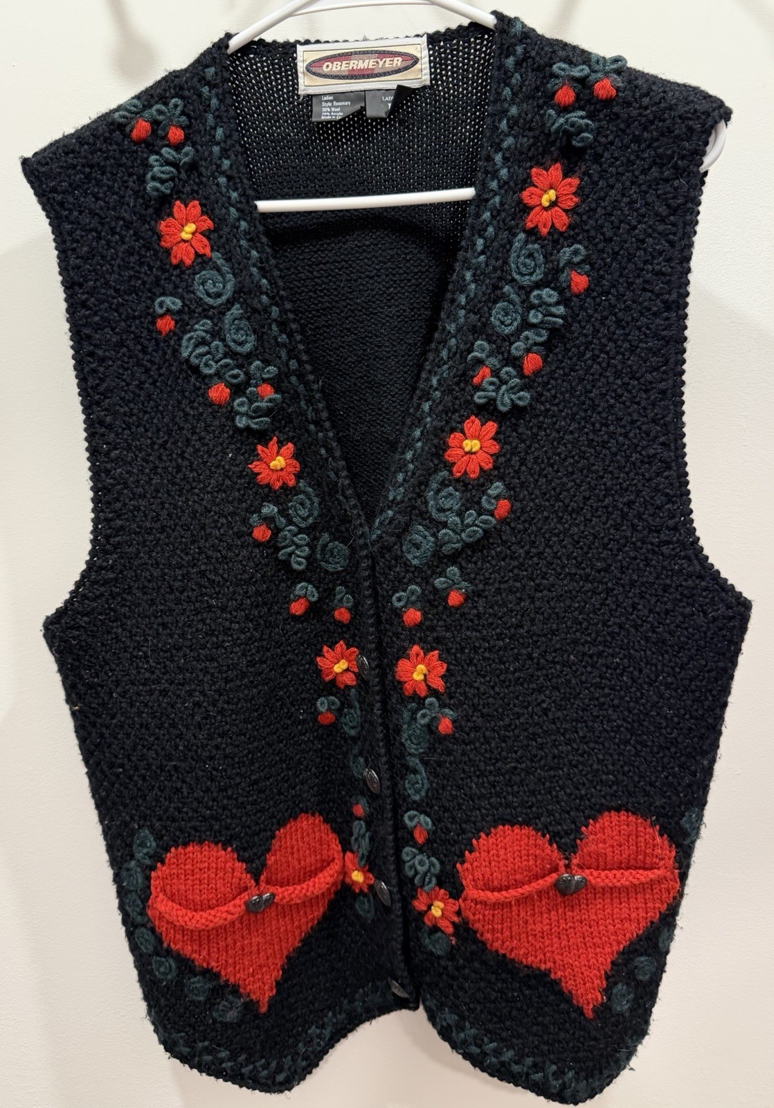 VINTAGE OBERMEYER Wool Heart & Flowers Embroidered Knit Vest, Large