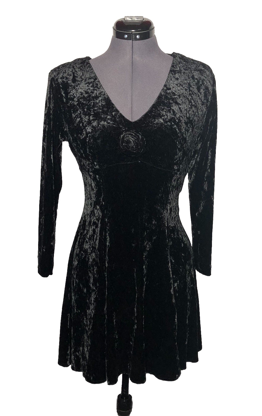 Vintage 90s Dress Black Mini Crushed Velour Long Sleeve Witchy Grunge Goth S