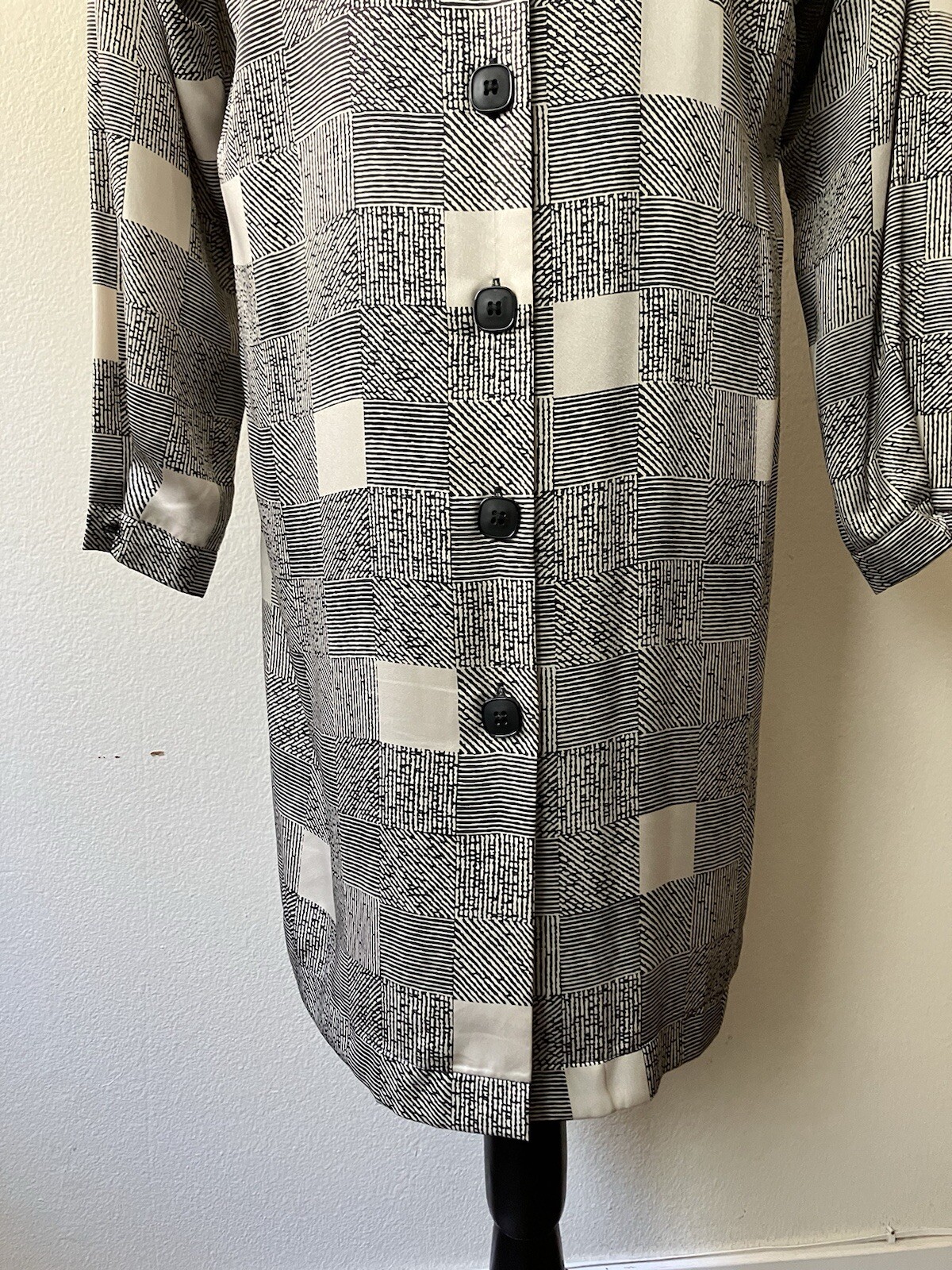 Vintage 80s Kasper Black & White Geometric Print Shift Dress Button Detail Large