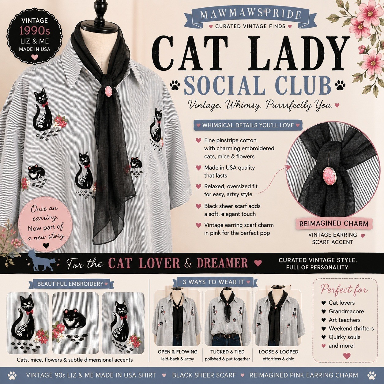 Vintage Cat Lady Social Club Curated Box 90s Liz & Me Vera Bradley Scarf Shirt