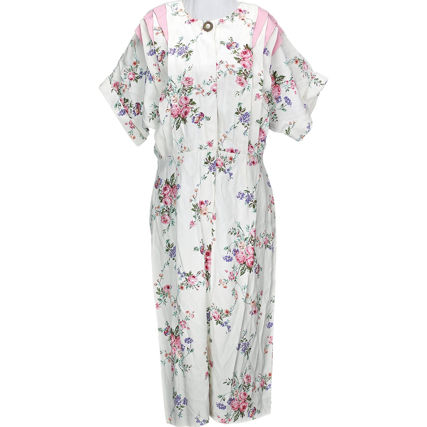 1980s Vintage Dress 40s Style Rayon White Pink Rose Floral Easter Cottagecore 10