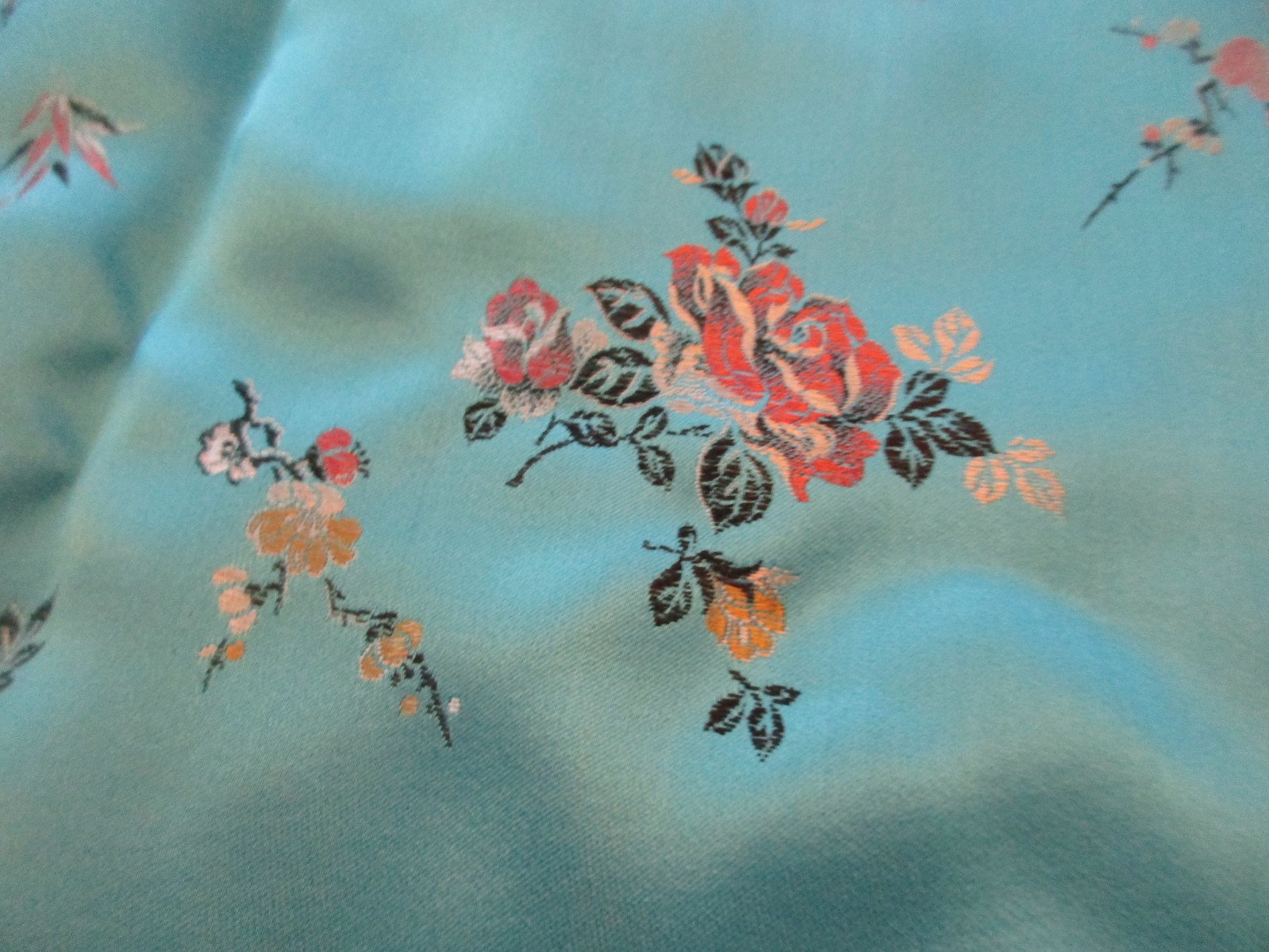 Vintage Turquoise Satin Brocade Asian Floral Robe – Size 42 – 1940s/60’s