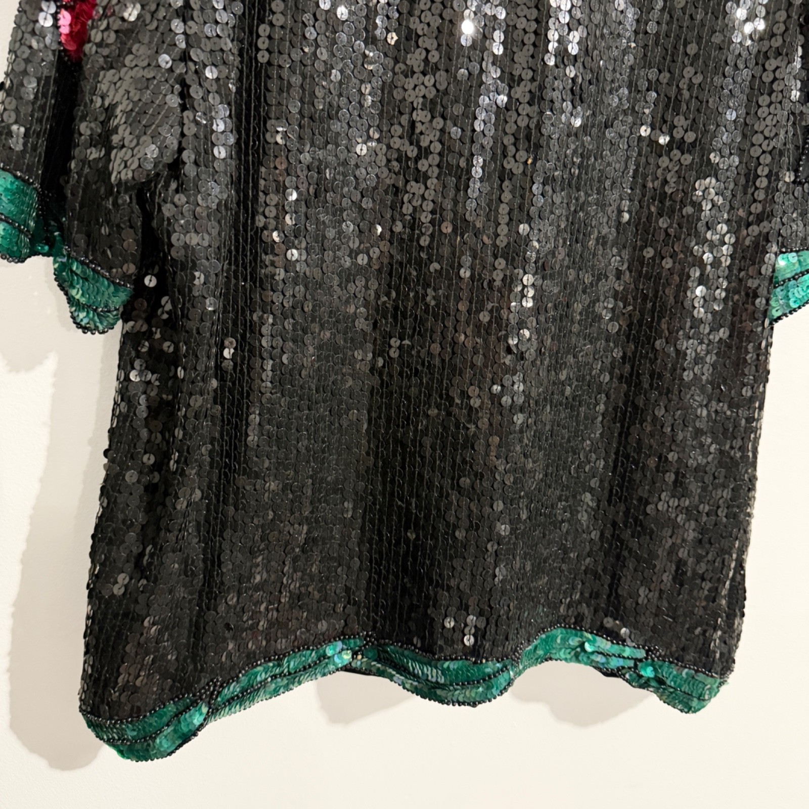 Vintage Royal Feelings Black Silk Sequin Floral Beaded Top L Pink Roses Glam
