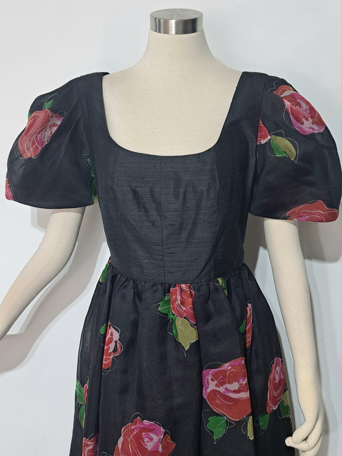 Vintage 1980s Hanae Mori Silk Dress Sz 14 L/XL Floral Roses Cocktail