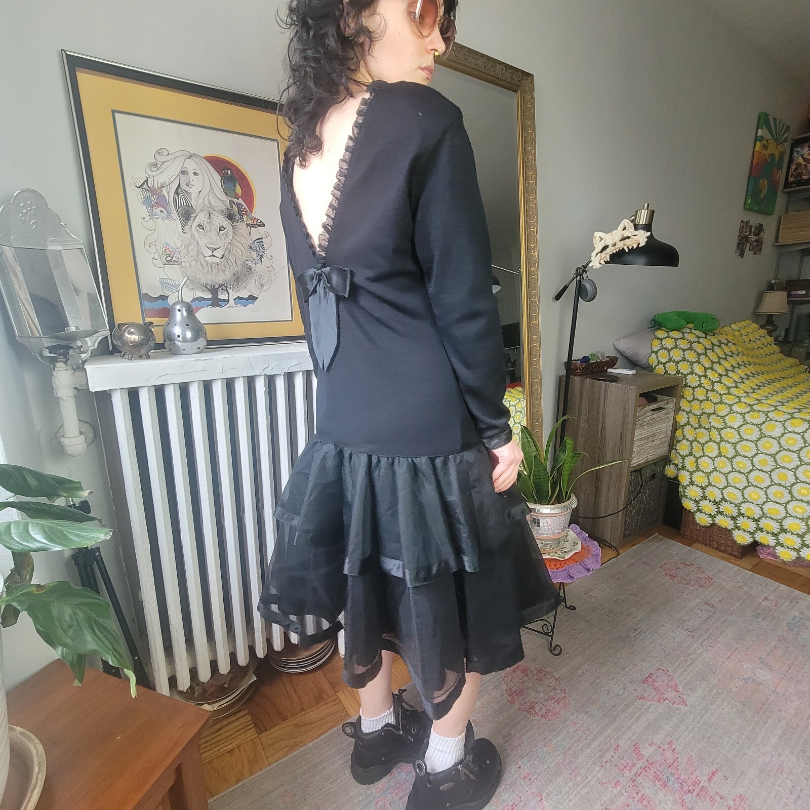 1980 NWT Adrienne Vittadini Black Drop Waist Tutu Dress V Back Goth Ballet Large