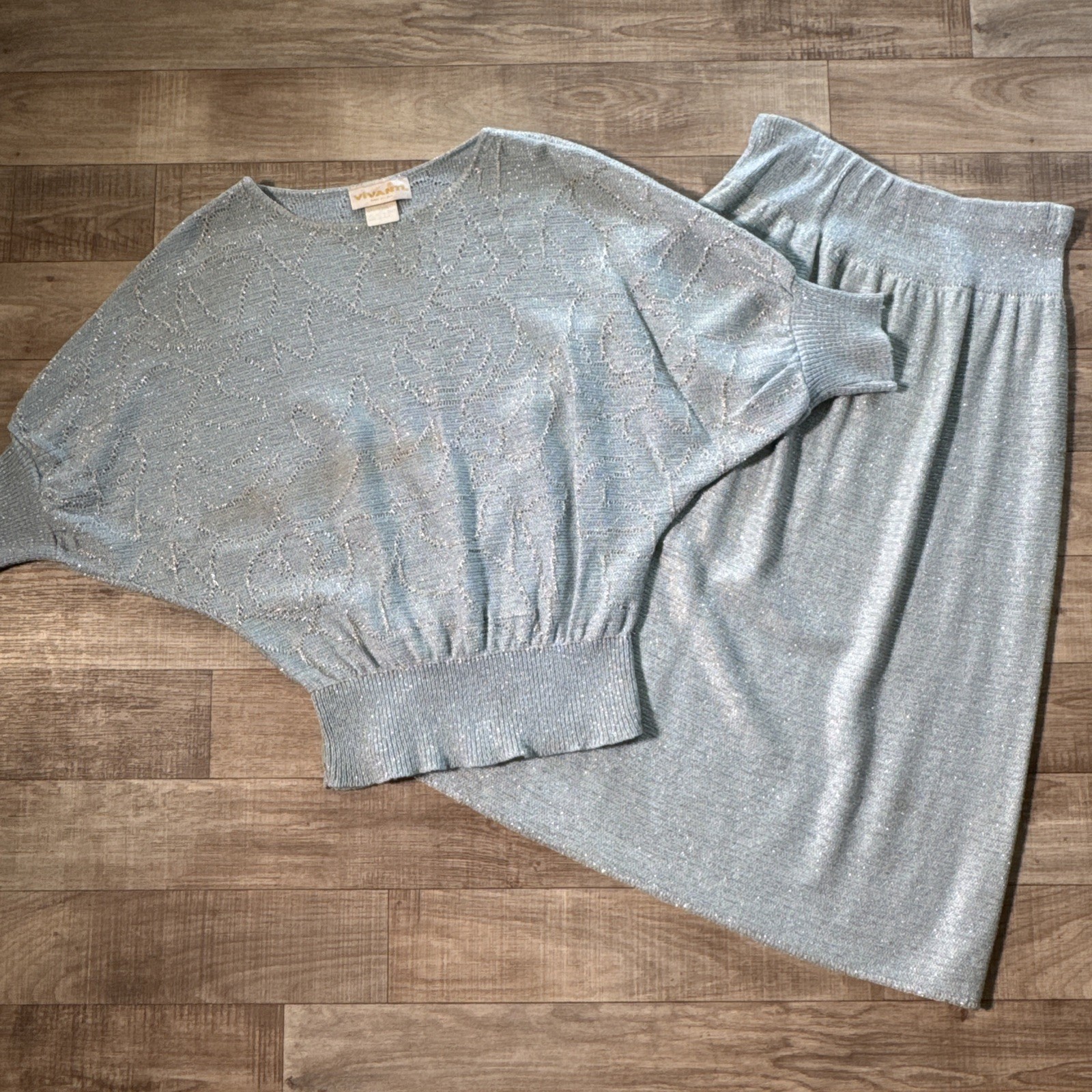 Vivanti Vintage 2 Piece Knit Set Dolman Blouse And Skirt Blue Glitter