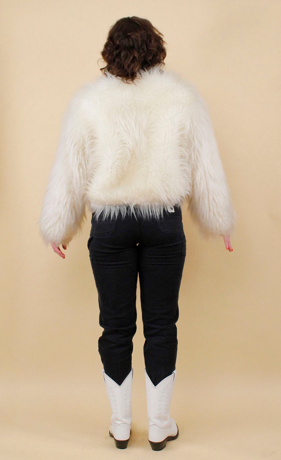 60s 70s Vtg Shaggy Faux Fur White Zip Up Crop Jacket Coat Mod Rocker Glam B34″