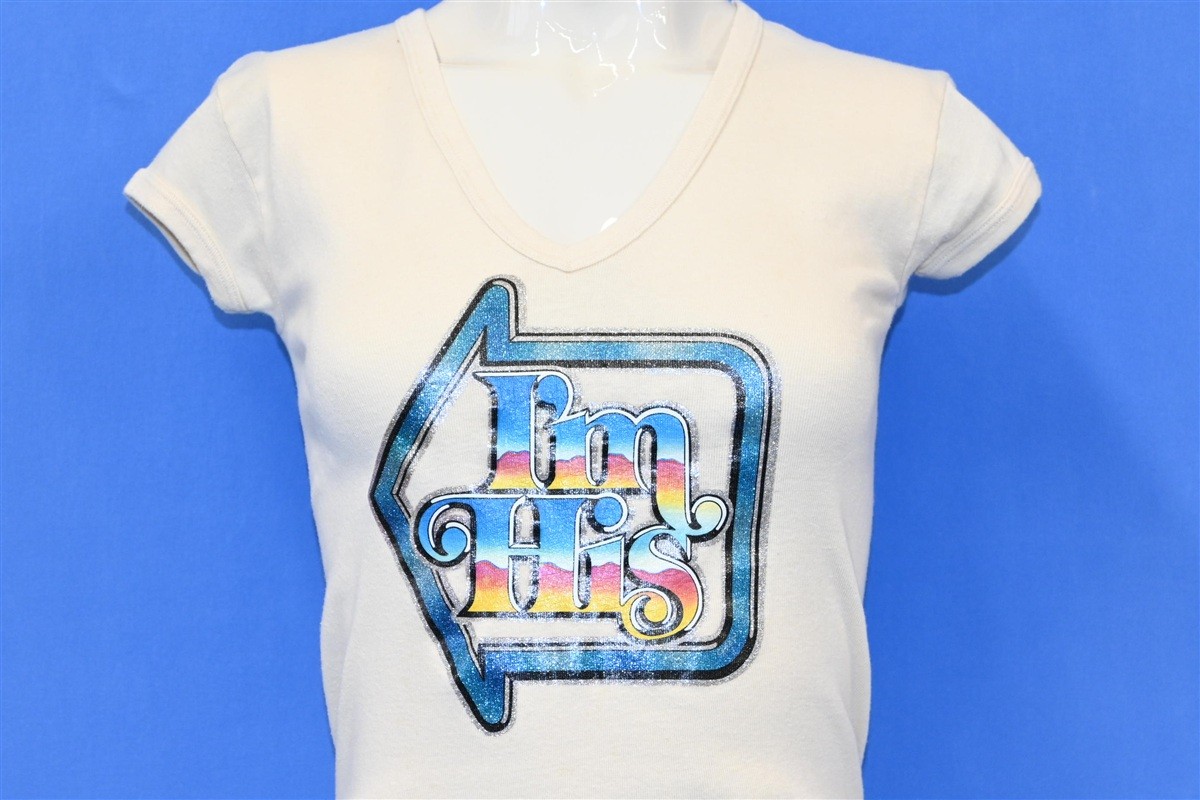 vintage 70s IM HIS GLITTER IRON ON V-NECK RIB KNIT BEIGE t-shirt WOMEN’S XS