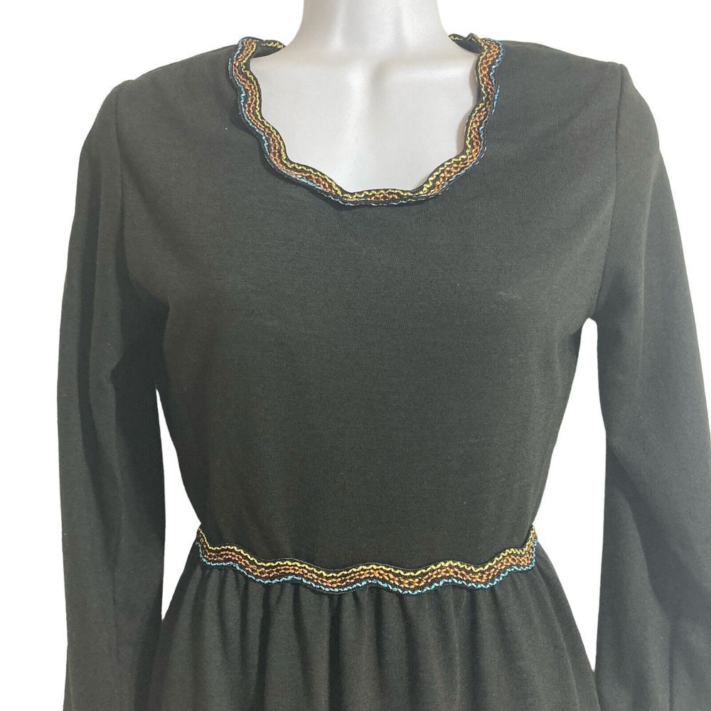 Handmade Dress Black Mini Long Sleeve Knit Stretch Ruched Hem and Trim Vintage