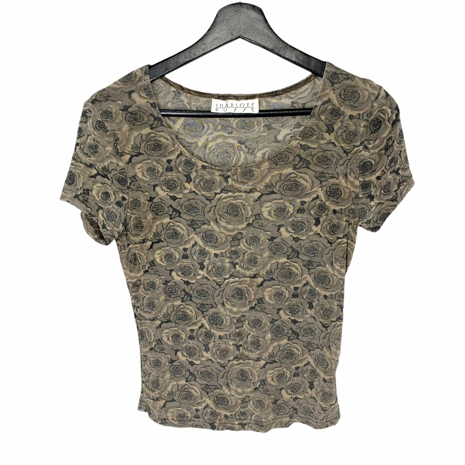 Vintage 90s Charlotte Russe Tan Grey Short Sleeve Floral Medium