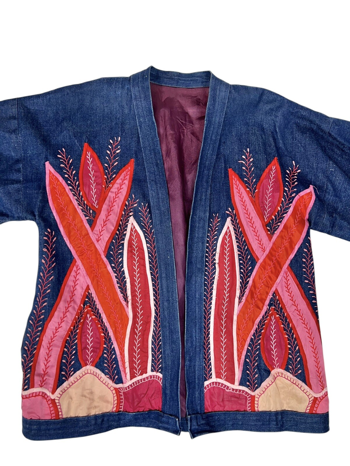 Vtg Judith Roberts La Coleccion Fiber Art Denim Kimono Coat Satin Snake Plants L