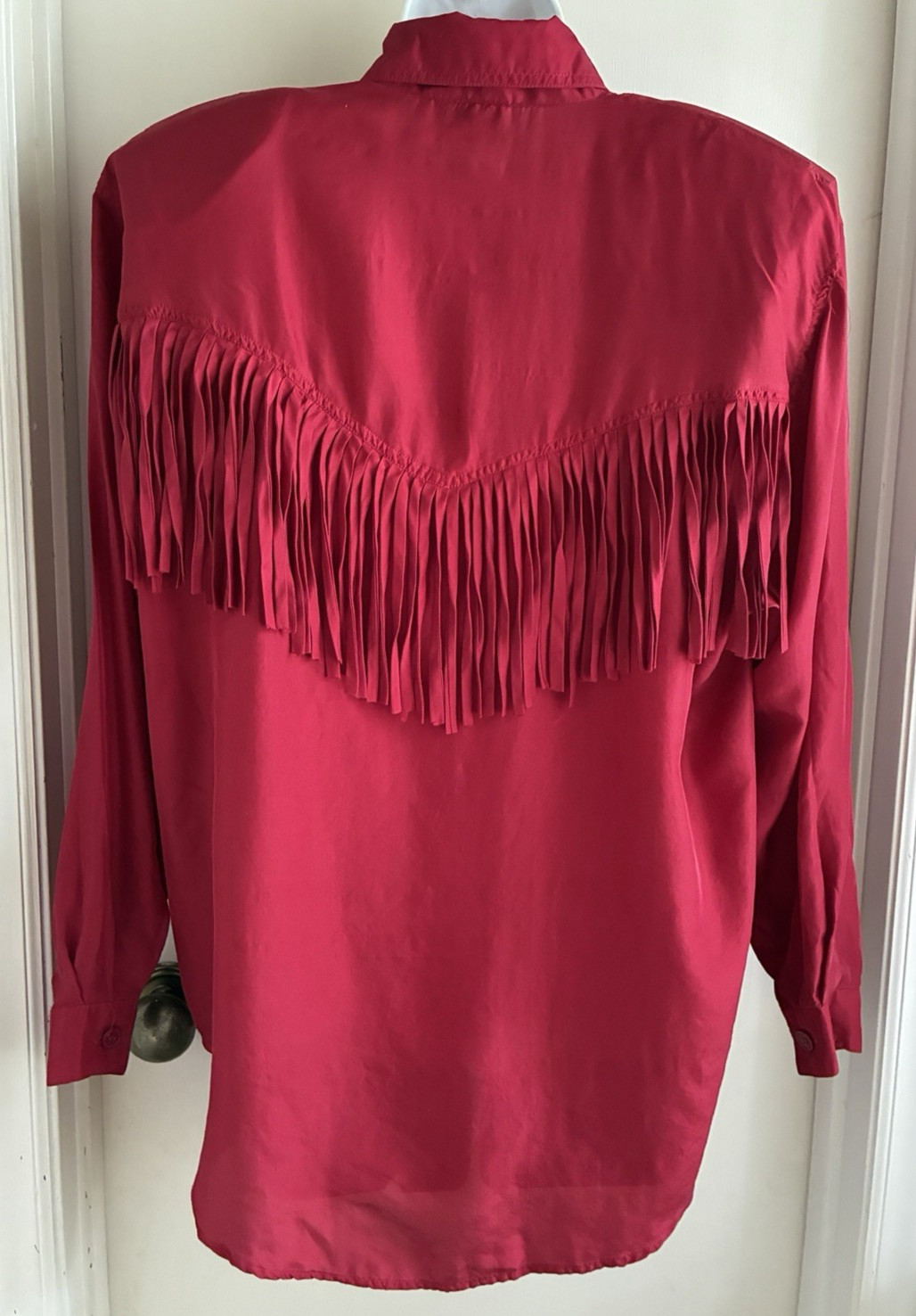 Capezio Vintage 80s Red Silk Fringe Shoulder Pad Button Up Blouse Med Large