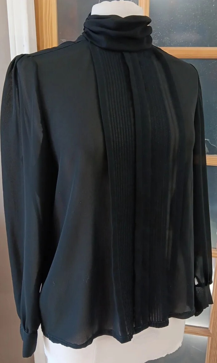 Vintage Sheer Blouse Black Sz 14 Union Label Rhonda Lee Pleated Button Back 70s