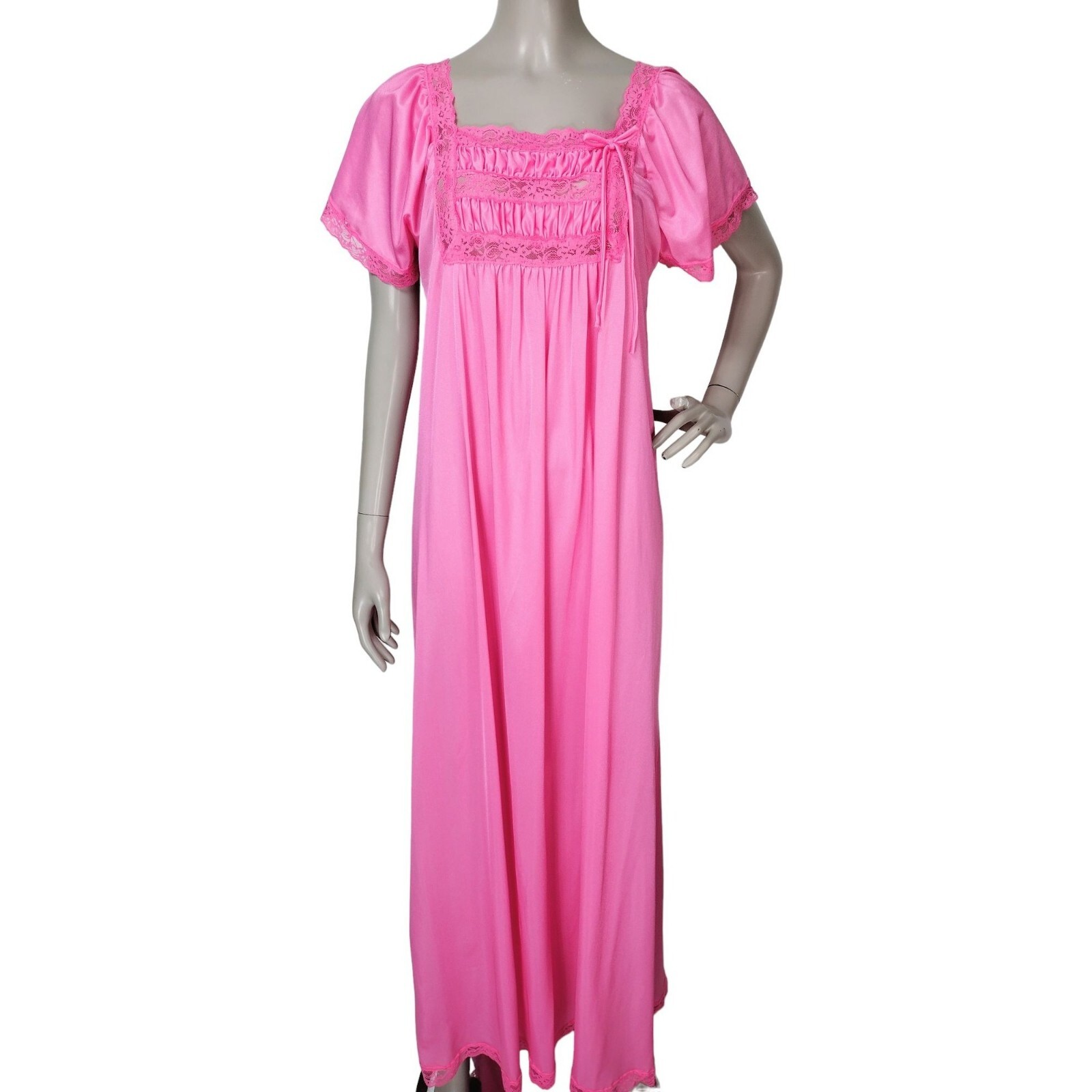Rikki New York 70s Vintage Pink Nylon Smocked Lace Trim Sweeping Nightgown