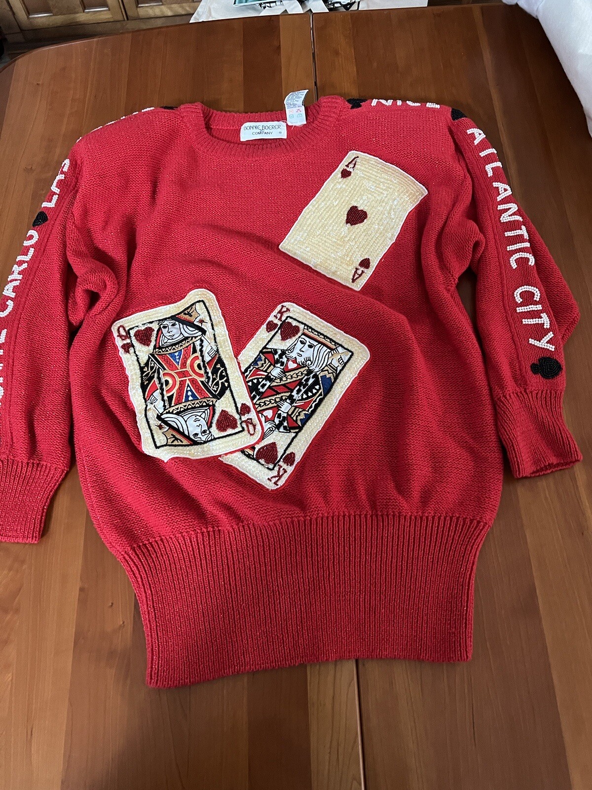 Vintage 80’s novelty casino night vegas poker sweater Bonnie Boerer Red Sequins