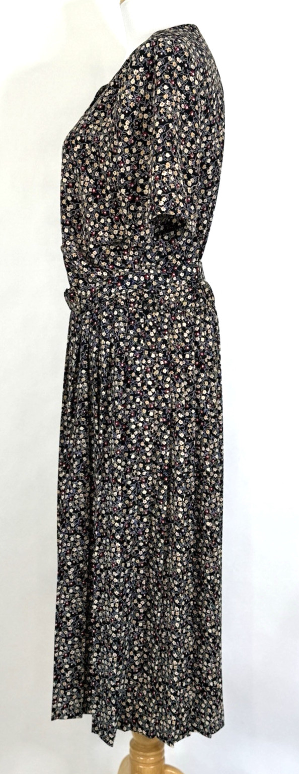 Leslie Fay Womans Size 14 Dress Floral Black Vintage Belted Midi Classic Modest