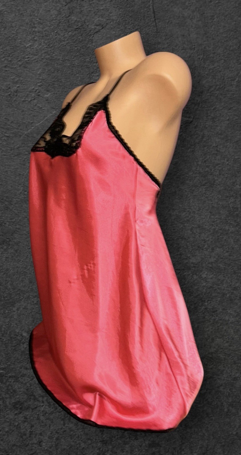 LADY CAMEO Pink Shiny Satin Black Sheer Lace Trim Nightie Nightgown S NOS