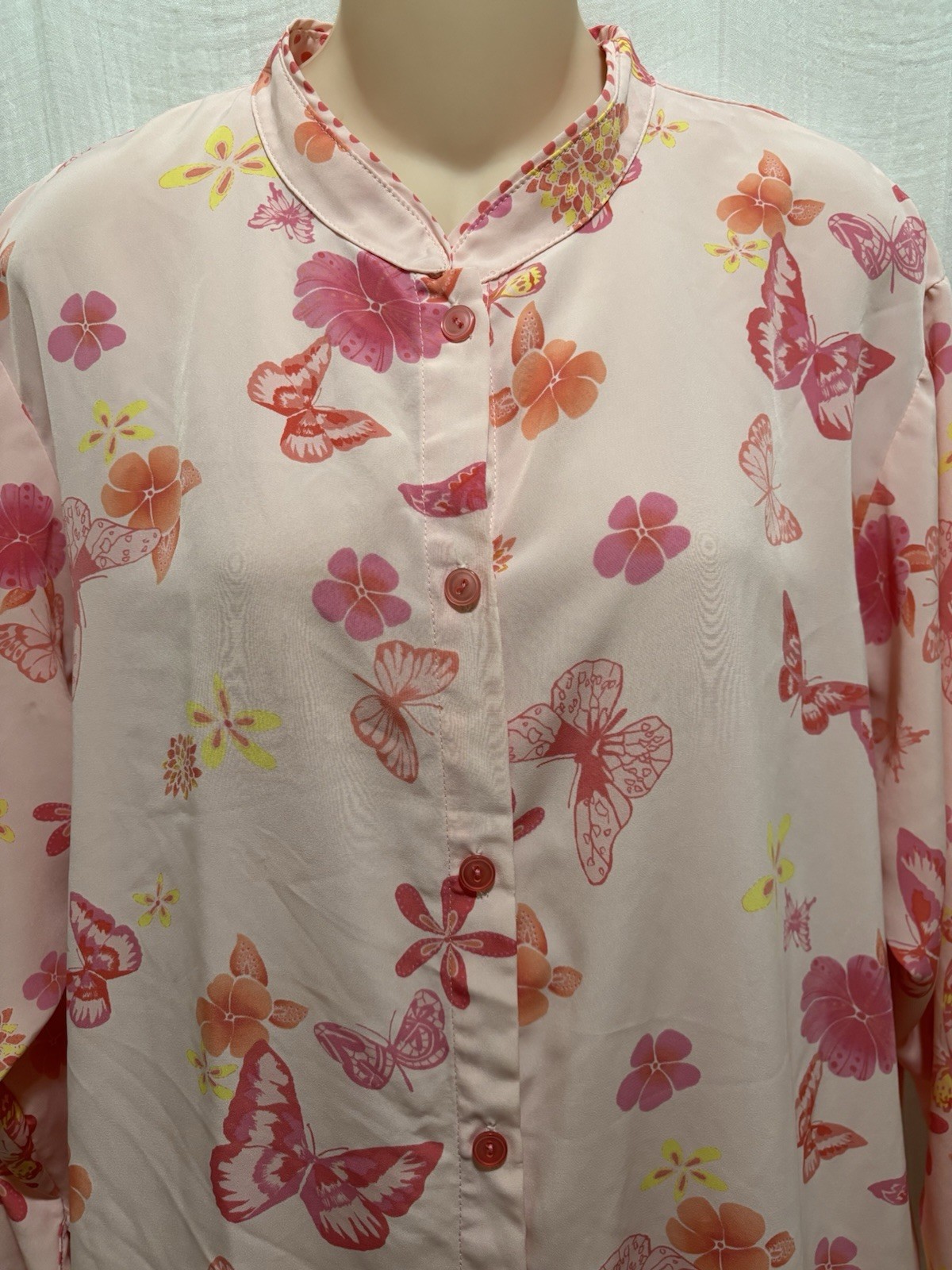 Vintage 90s Cruz Pink Butterfly Floral Duster Robe House Dress Size L