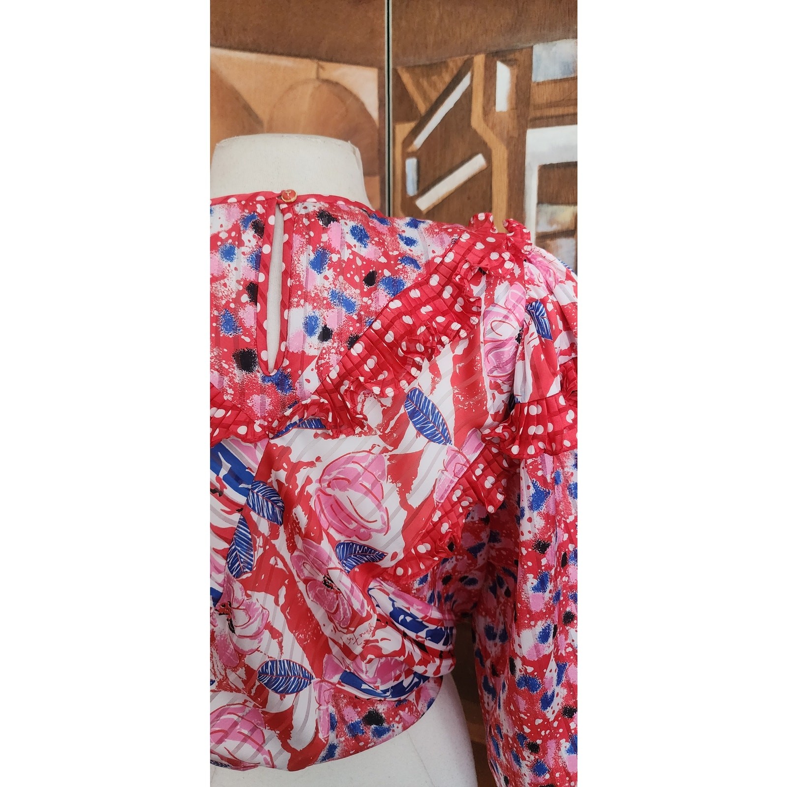 Vintage 80s Diane Freis Blouse Bold Print Poly Georgette Ruffles Pink Red