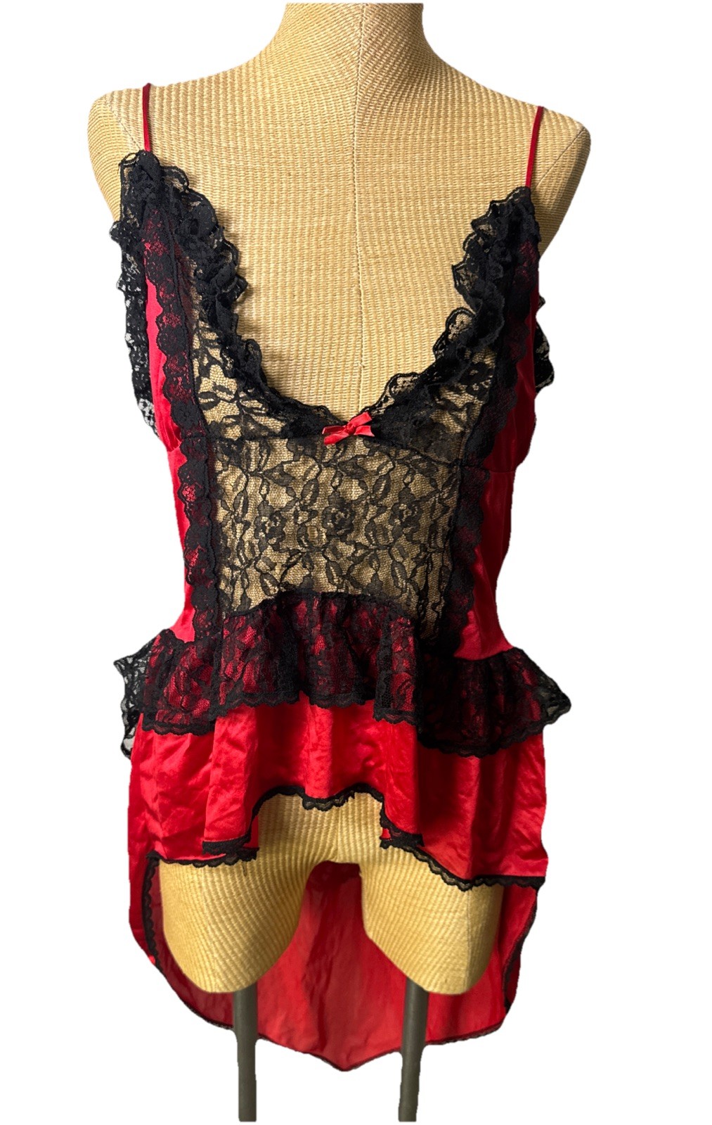 VTG Stroke Of Midnight Red Black Lace Sheer Lingerie Babydoll Dress Hi Low Large