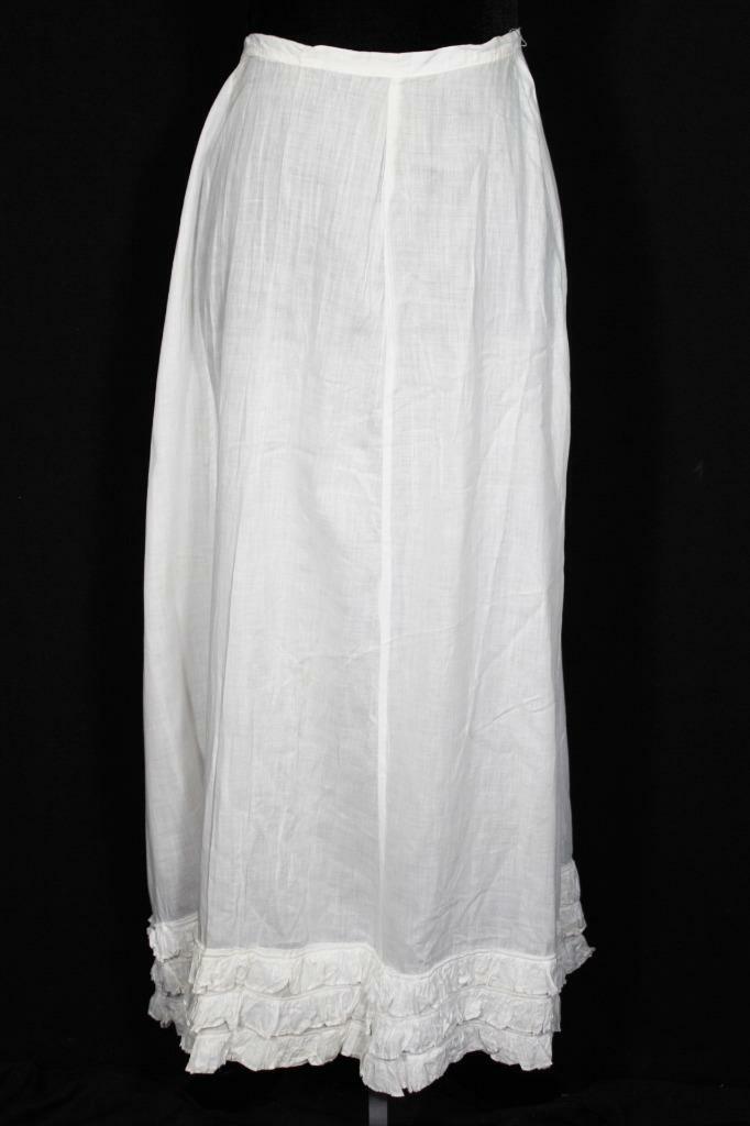 ANTIQUE FRENCH LONG EDWARDIAN WHITE COTTON PETTICOAT SKIRT 30″ WAIST 36″L
