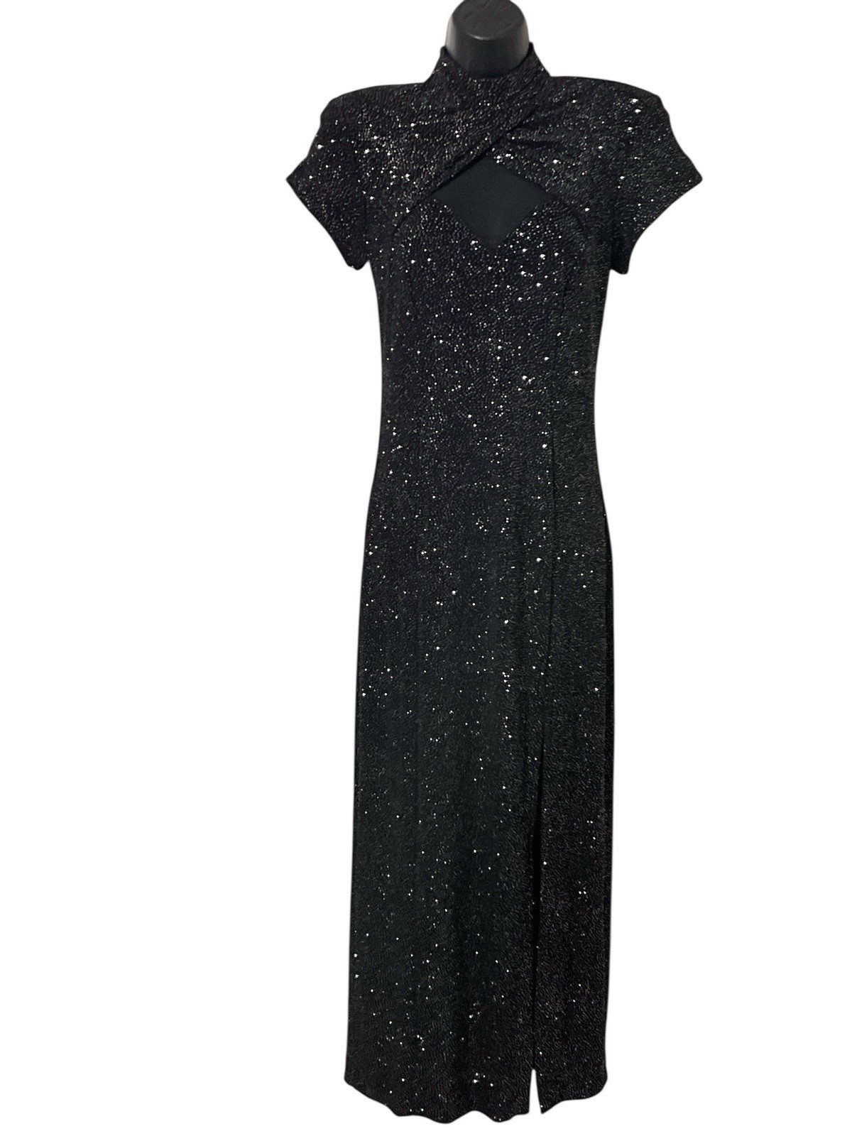 Vtg 90’s Y2K Maxi Dress 4 Black Glitter Gown Party Romantic Goth Glam Bodycon