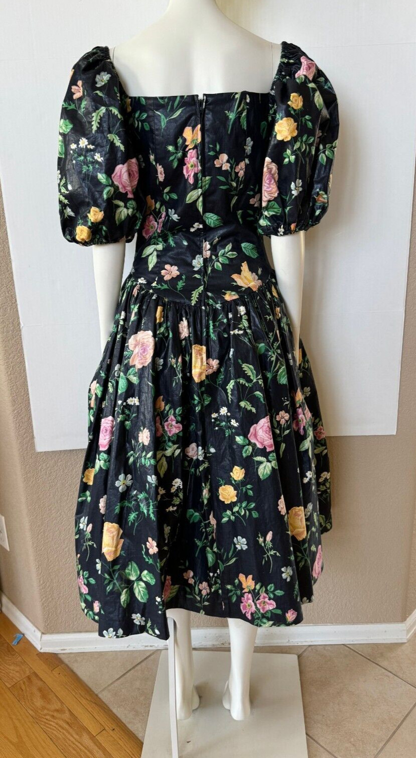 Vintage 80s Cottage Core Black Floral Prom Party Dress S G Gilbert Net Slip Sz 6