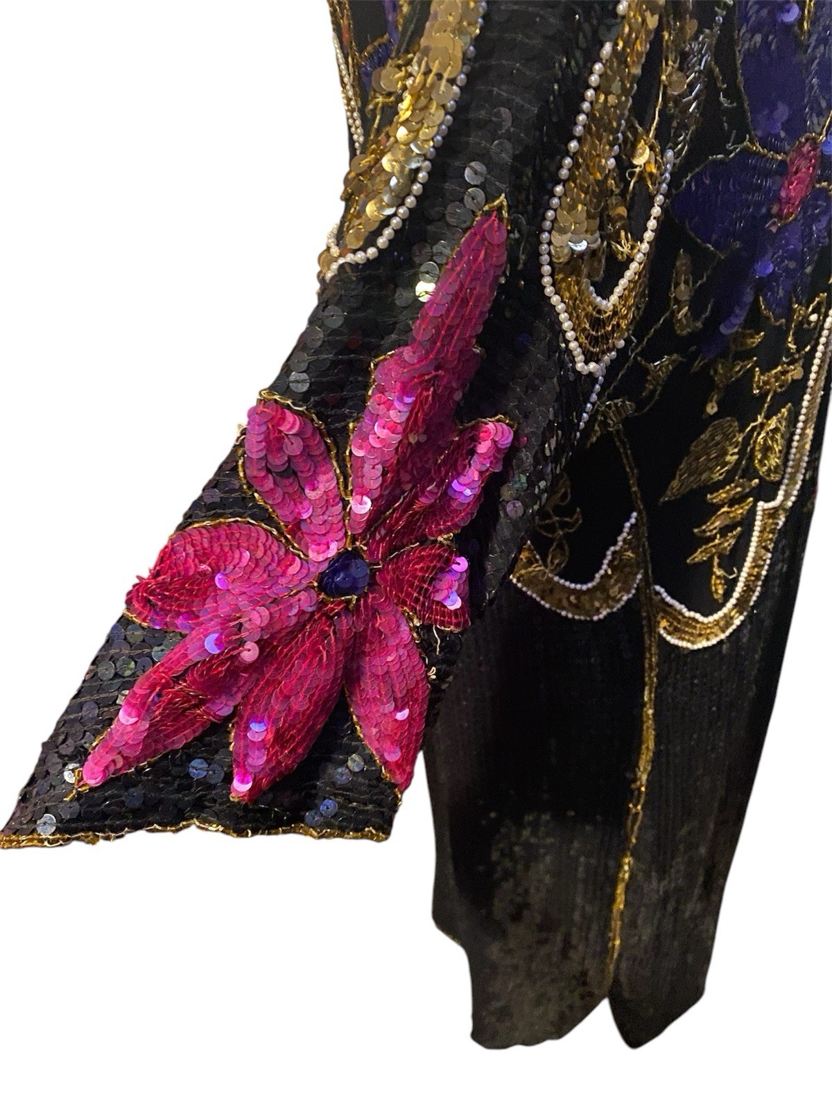 Vintage Chanson D’Amour Womens Dress sz L Black 100% Silk Sequin Beaded 80s