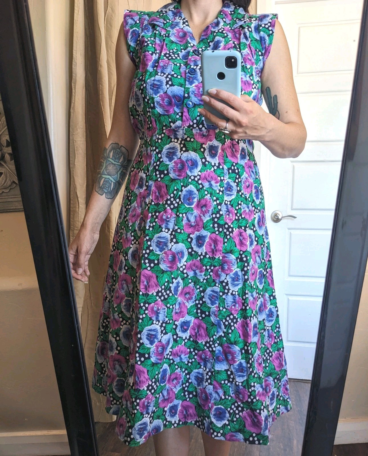 Vintage Handmade Polka Dot Floral Shirt Dress L Button Up Front Cottagecore Midi