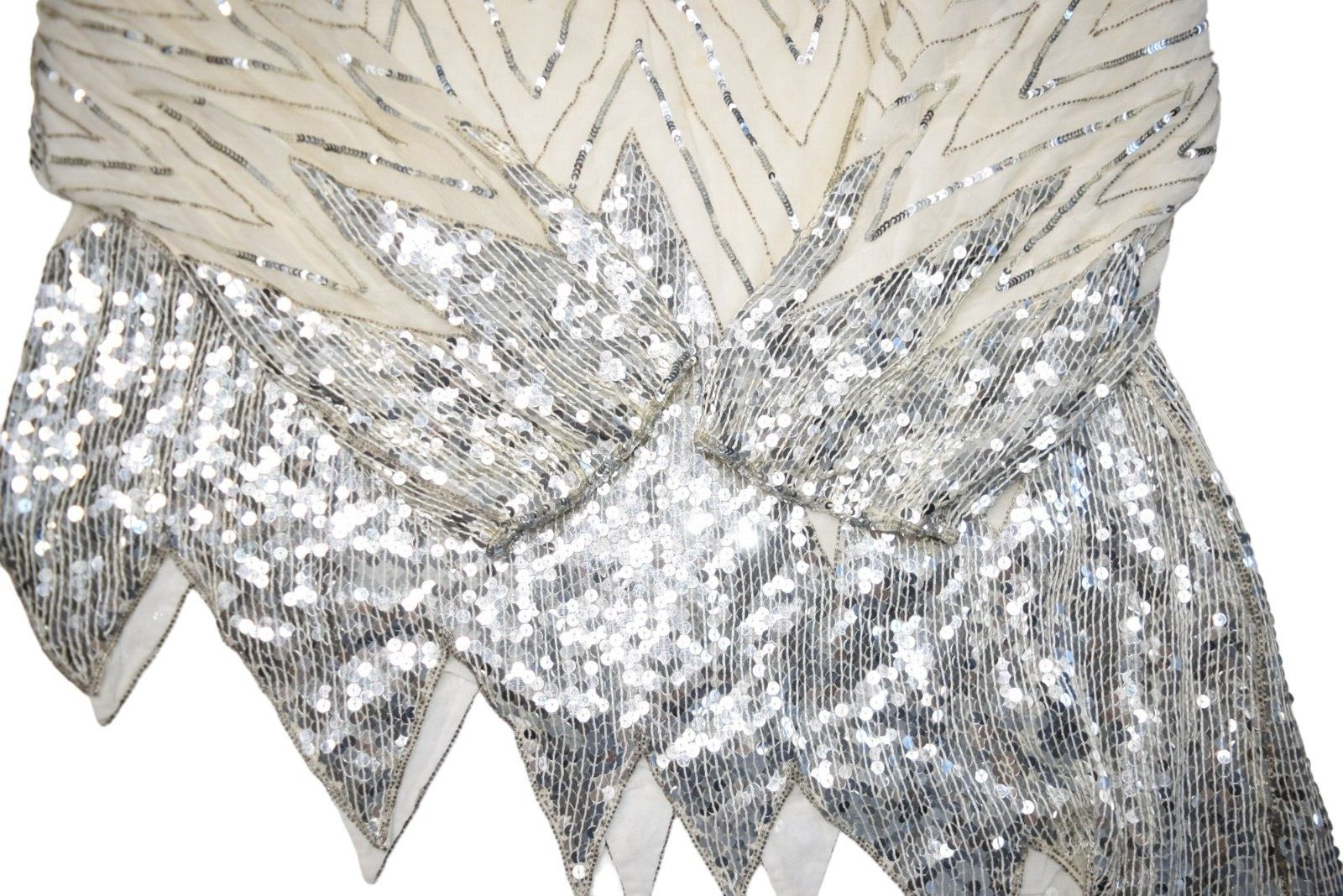 Vintage Sequin Top Womens XL Silk Silver Dance Disco Asymmetric Zig Zag Club