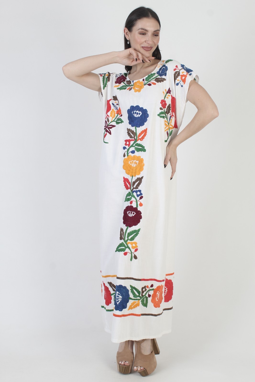 Mexican Birds Dress Vtg Embroidered Ethnic Kaftan Pool Cover Up Puebla Sundress