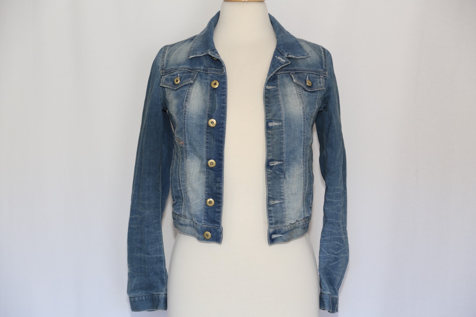 DIESEL CROPPED DENIM JACKET MADE IN ROMANIA COTTON LEATHER SIZE XXS